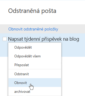 Snímek obrazovky s nabídkou obnovení odstraněných položek