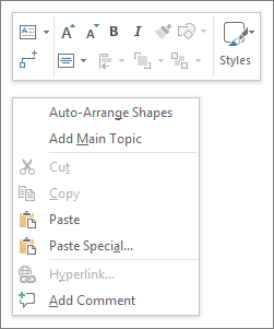 Kontext aplikace Visio nebo nabídka po kliknutí pravým tlačítkem myši
