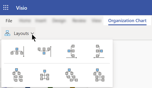 Visio pro web nabízí několik možností rozložení, ze které si můžete vybrat pro organizační diagramy.