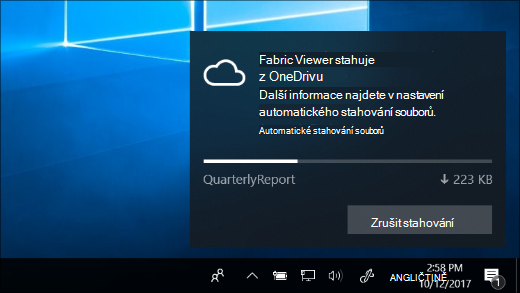 Oznámení o stahování přijaté při zapnuté funkci OneDrivové Files na vyžádání