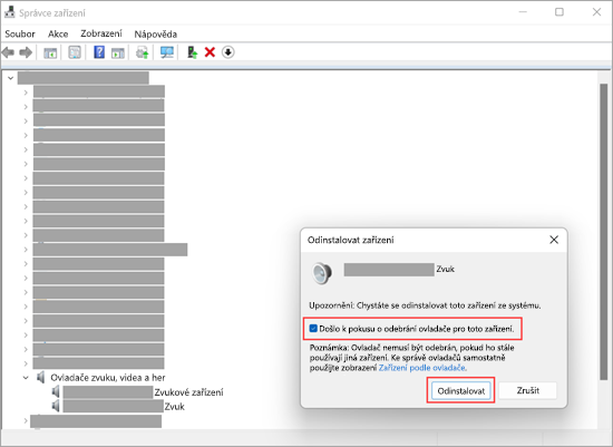 Odinstalujte zvukové zařízení ve správci zařízení ve Windows 11.
