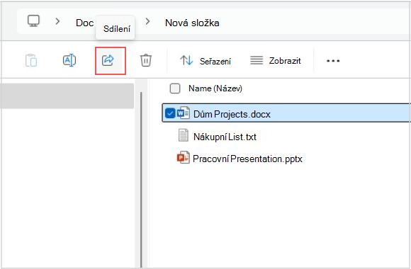 Snímek obrazovky se sdílením souboru z Průzkumníka souborů
