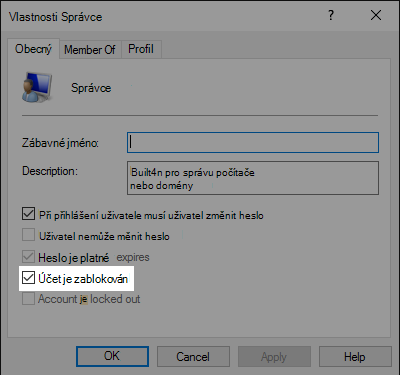 Dialogové okno vlastností účtu
