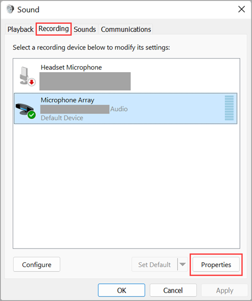 Přístup k vlastnostem zařízení pro vstup zvuku v nastavení zvuku ve Windows 11.