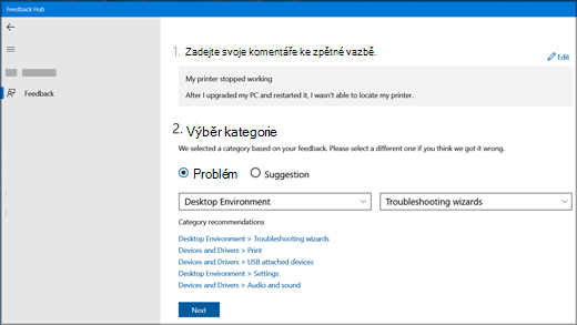 Nové dialogové okno Zpětná vazba v Centru Feedback