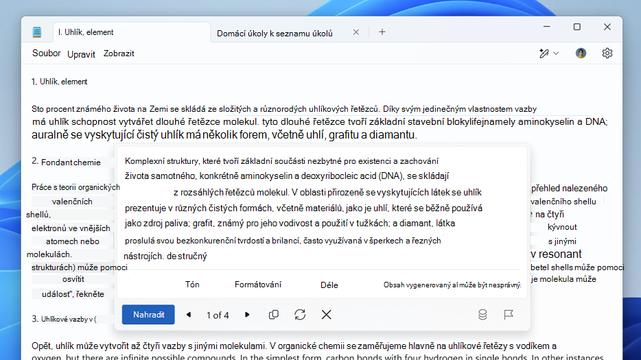 Snímek obrazovky funkce Cowriter v Poznámkovém bloku zobrazující možnosti přepsání