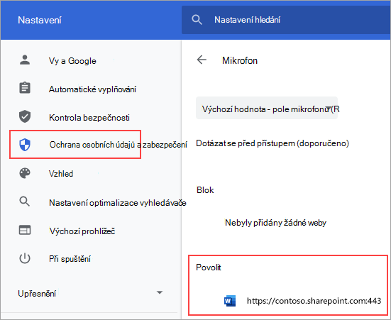 Stránka nastavení oprávnění mikrofonu pro Chrome