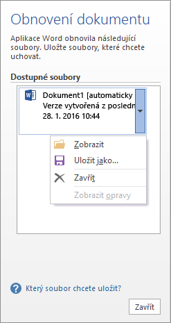 Podokno Obnovení dokumentu
