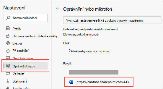 Stránka nastavení oprávnění mikrofonu pro Microsoft Edge