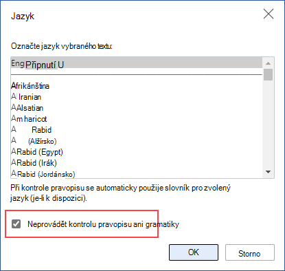 Vypnutí automatické kontroly pravopisu
