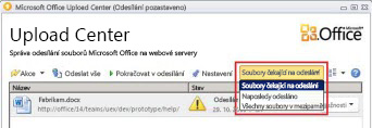Office Upload Center zobrazující soubory čekající na odeslání