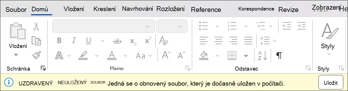 Snímek obrazovky obnovení relace v Word, který uvádí Obnovit neuložený soubor: Toto je obnovený soubor, který je dočasně uložený ve vašem počítači. Vedle něj je tlačítko Uložit.