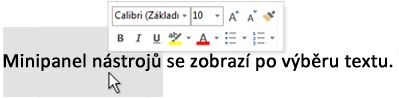 Minipanel nástrojů s vybraným textem