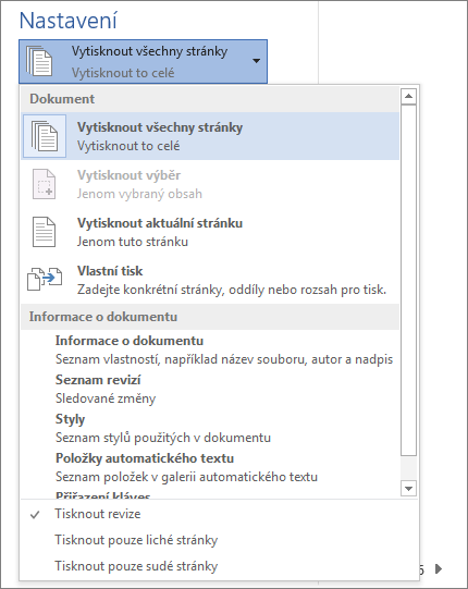 Snímek obrazovky s podoknem Tisk s rozbalenou nabídkou Vytisknout všechny stránky zobrazující další možnosti.