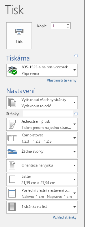 Snímek obrazovky podokna Tisk s různým nastavením tisku, jako je třeba počet kopií.