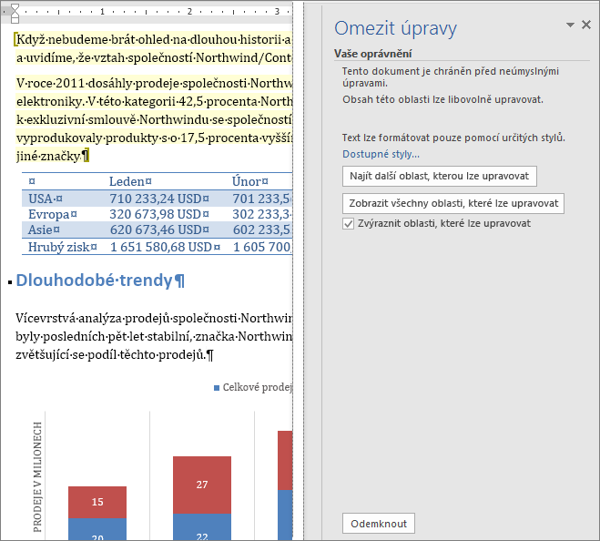 Možnosti úprav zobrazené v podokně Omezit úpravy