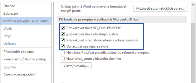 Možnosti ignorování slov při opravách pravopisu