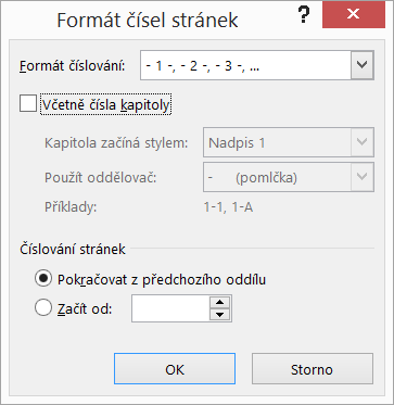 Dialogové okno Formát čísel stránek
