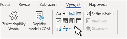 Karta Vývojář zobrazující ovládací prvky obsahu