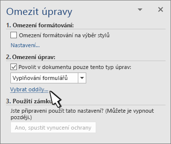 Výběr oddílů na panelu Omezit oddíly