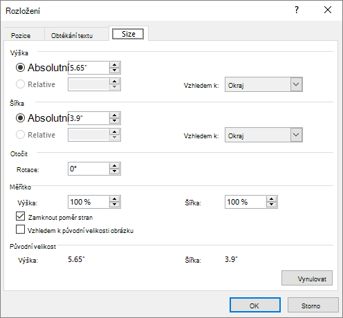 Layout options Size tab