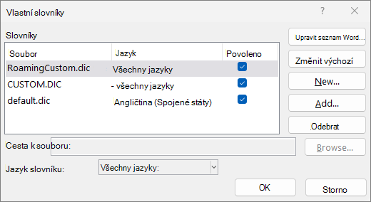 Dialogové okno Vlastní slovník