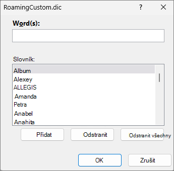 Dialogové okno pro úpravu slovníku
