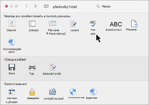 Dialogové okno Předvolby Mac s vybranou položkou Pravopis