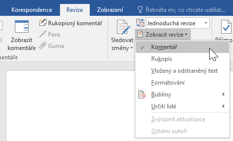 Zobrazení možností revizí na kartě Revize
