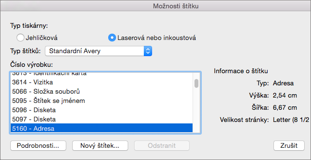 Vyberte značku štítků a pak vyberte konkrétní číslo produktu.