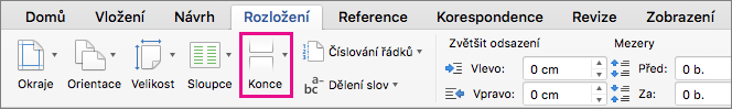Kliknutím na Konce vyberte typ konce stránky, který chcete vložit na aktuální pozici kurzoru.