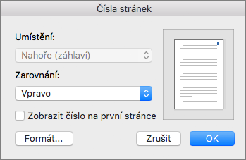 V Číslech stránek nastavte pozici a zarovnání čísel stránek.