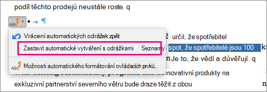 Je zvýrazněna možnost Nevytvářet automaticky seznamy s odrážkami.