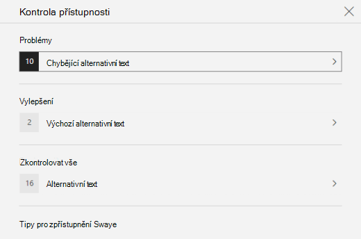 Podokno Kontrola přístupnosti zobrazující problémy s alternativním textem ve Swayi.