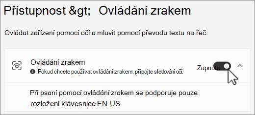 Část Ovládání zrakem v okně Nastavení přístupnosti