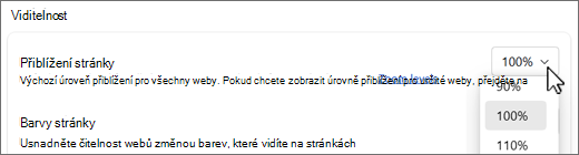 Snímek obrazovky s rozevíracím seznamem úrovní přiblížení stránky.
