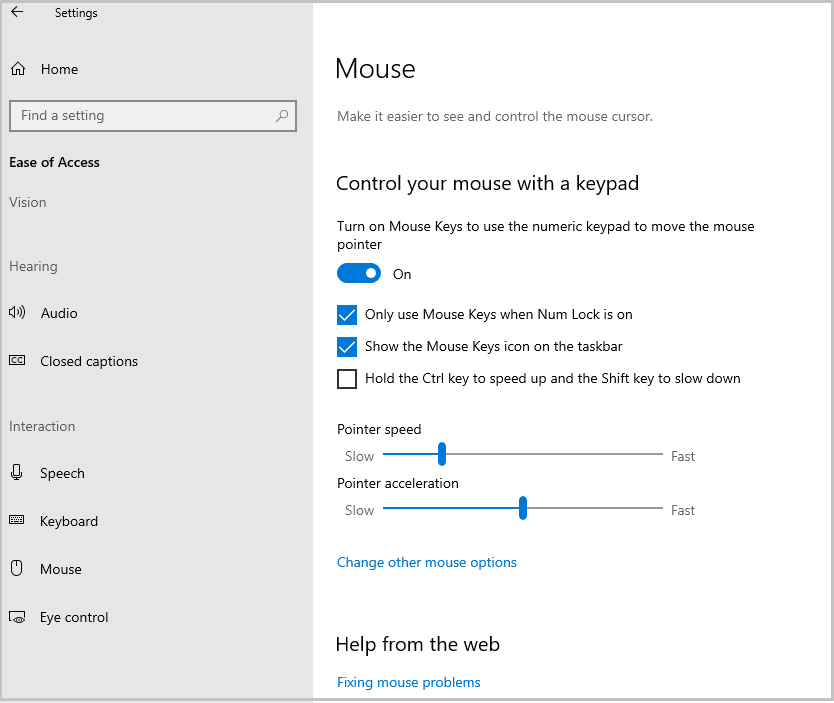 Snímek obrazovky znázorňuje, jak zapnout Windows10MouseKeys