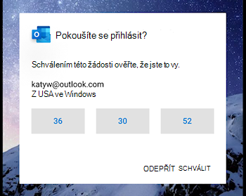 Snímek obrazovky s Mobilní aplikací Outlook s výzvou k potvrzení čísla při přihlašování