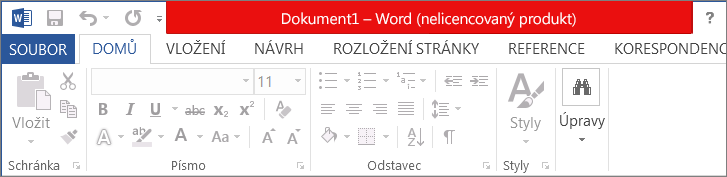 Zobrazuje nelicencovaný produkt v červeném záhlaví, zakázaném rozhraní a banneru zprávy