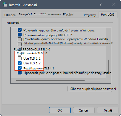 Snímek obrazovky znázorňující nastavení PROTOKOLU TLS ve vlastnostech internetu