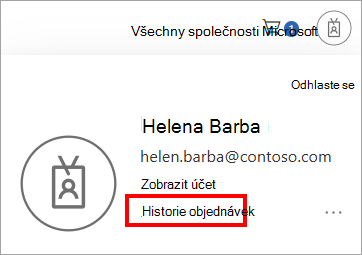 Snímek obrazovky 2 ukazující, kde se přihlásit a zobrazit historii objednávek účtů