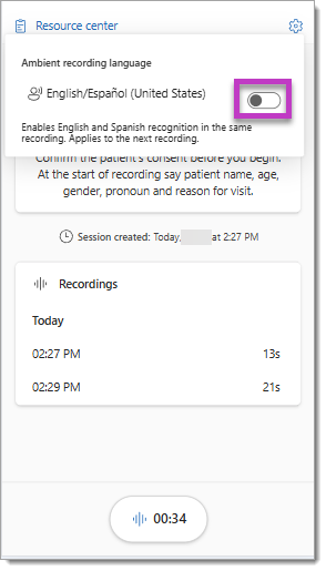 The DAX Copilot screen with Spanish recording setting disabled.