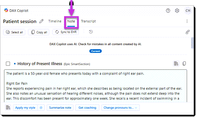 Image highlights Note tab with notes that have been captured after recording