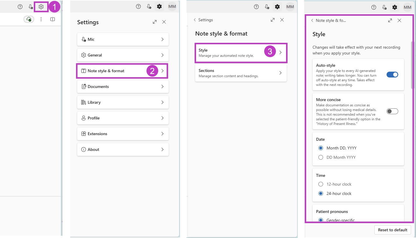 Steps showing (1) Settings (gear icon) highlighted; (2) the Note style & format option highlighted, (3) the Style option highlighted, and the style panel highlighted.