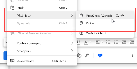 Místní nabídka pro rozšířené kopírování a vkládání