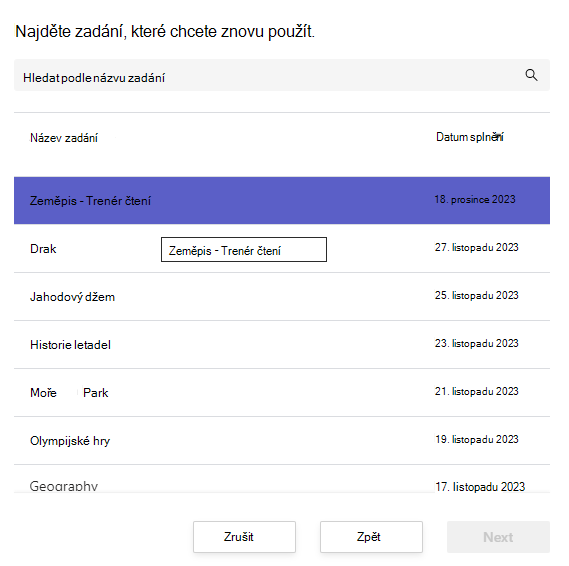Snímek obrazovky s vyhledáním zadání k opakovanému použití