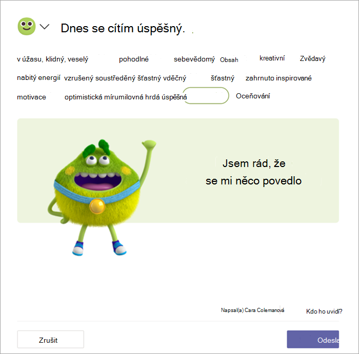 Příšera Green Feelings se zlatou medailí pumpuje pěstí do vzduchu. Student vybral slovo Úspěšný