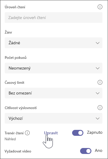 Snímek obrazovky s vybranou pasáží a dalšími možnostmi pro úpravu zadání