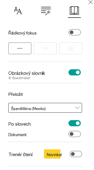 Snímek obrazovky s předvolbami čtení.