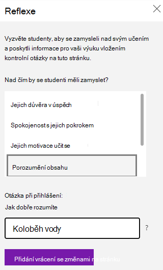 Snímek obrazovky s otázkou reflexního průzkumu.